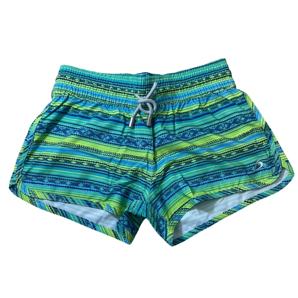 Surfcuz Sanoma Women‎ Boardshorts Green Blue Geometric Striped Beach Shorts 28